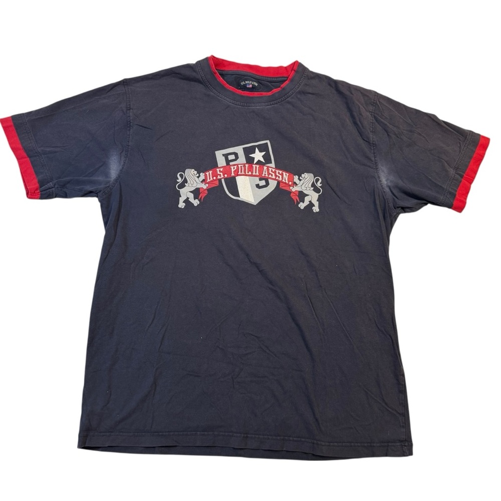 US Polo Assn Men's Ringer Tee Size XXL Blue Embellished USPA Lions Banner